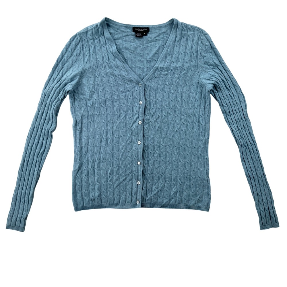 Magaschoni Cashmere Cardigan Sweater Womens M Blue Cable Knit V-Neck Soft Luxury